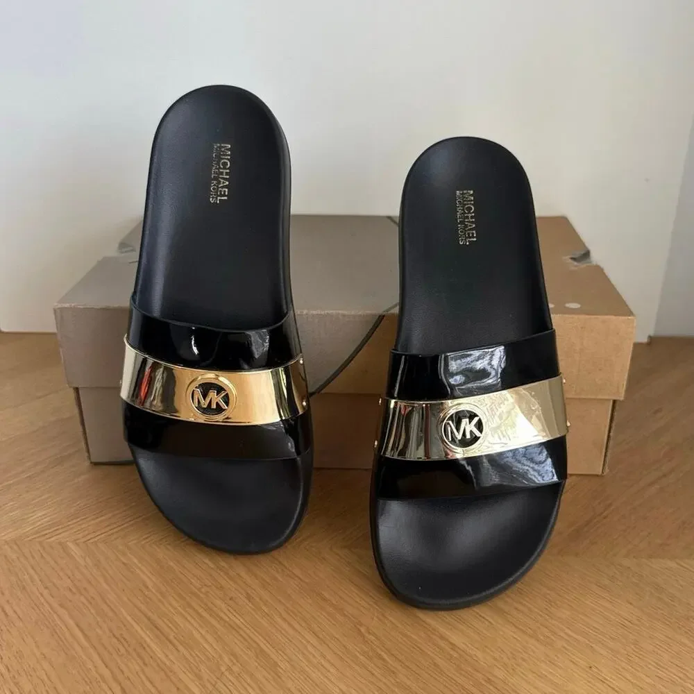 Michael Kors Jett Black/Gold Women Slide Sandals- SZ 8